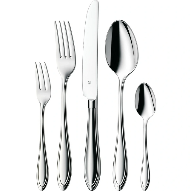 Das WMF Verona Besteck-Set, 60-teilig enthält fünf Cromargan Edelstahl Besteckteile - Salatgabel, Tafelgabel, Messer, Suppenlöffel und Teelöffel - ideal für eine 12-Personen-Tafel.