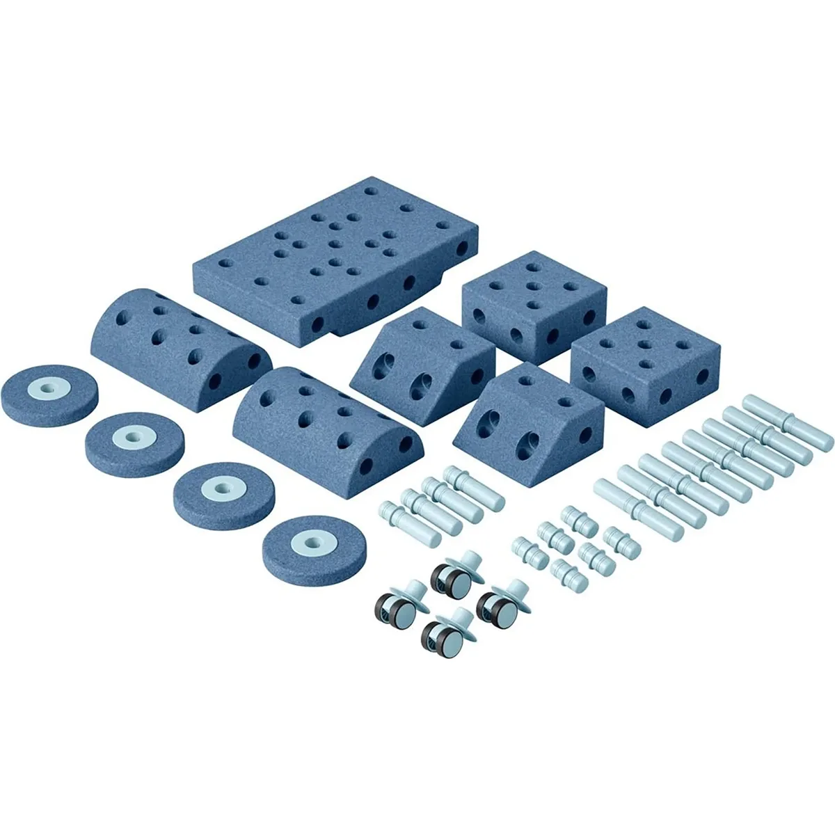 Sortierte graue Schaumstoffblöcke und Scheiben mit Löchern, sowie Metallschrauben, Muttern und Unterlegscheiben aus dem MODU Spielcenter Dreamer-Set - XXL von MODU-ideal für motorische Fähigkeiten und zum Bau von kreativem Balance-Spielzeug.