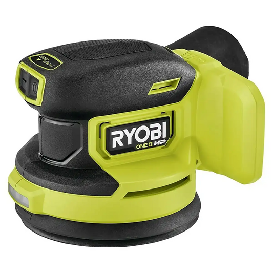Der Ryobi ONE+HP Akku-Exzenterschleifer RROS18C-0 zeichnet sich durch ein schwarzes und hellgrünes Design, ein 18V ONE+ System und einen bürstenlosen Motor aus, hier aus einem Blickwinkel von vorne.
