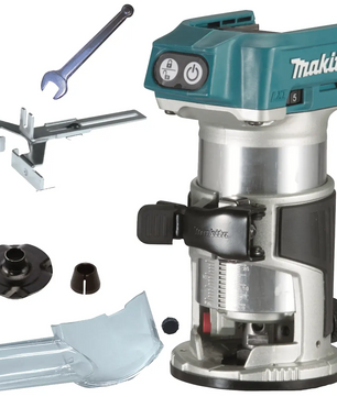 Die Oberfräse Makita DRT50Z – blau von Makita wird mit nützlichem Zubehör wie einem Schraubenschlüssel, einer Führungsschiene, einer Grundplatte, einer Spannzange und einer Staubschutzhaube geliefert. Diese vielseitige Akku-Multifunktionsfräse bietet hervorragende Leistung für Ihre Holzbearbeitungsprojekte.