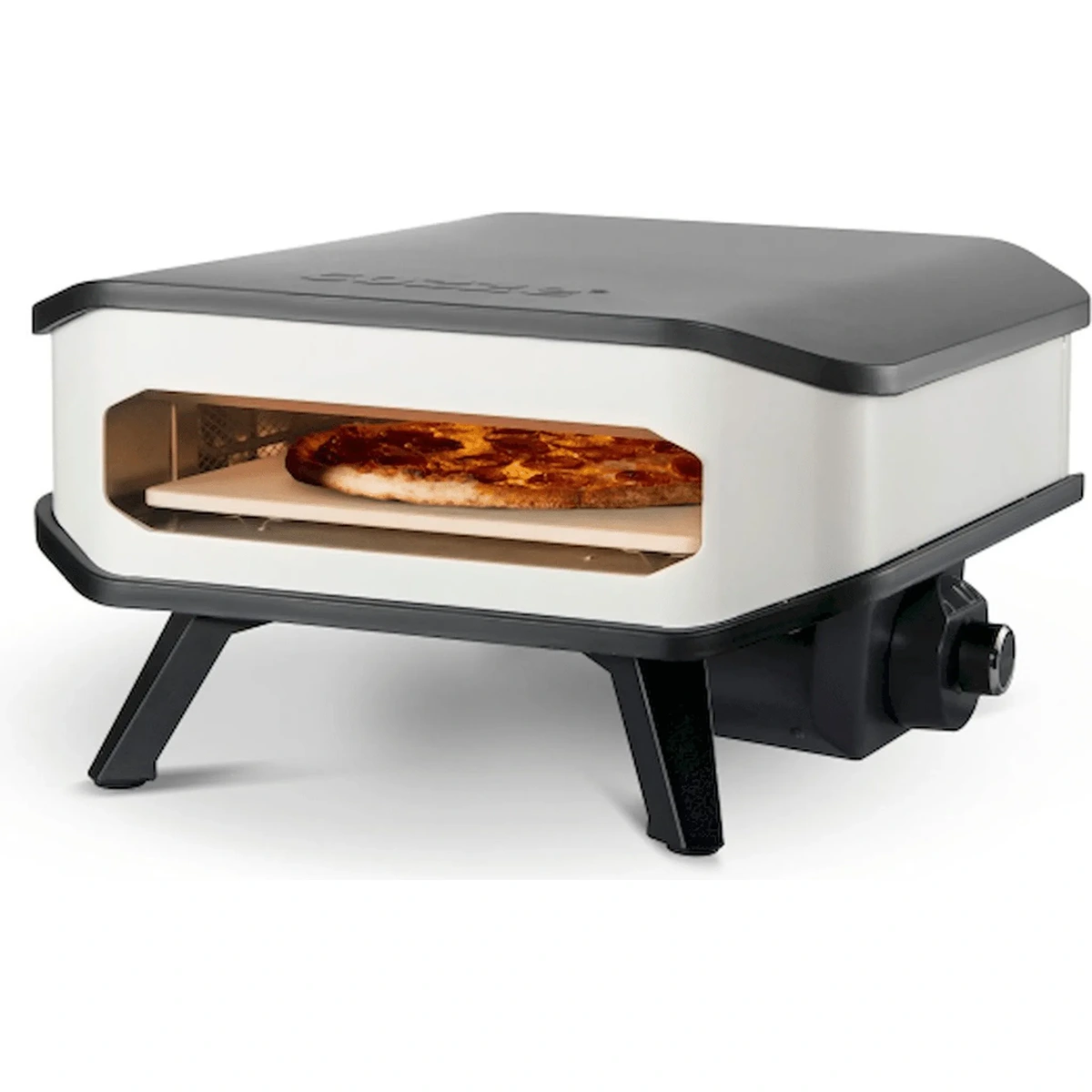Der Cozze 13" Elektro Pizzaofen von Cozze zeichnet sich durch ein elegantes schwarz-weißes Design, robuste Füße und einen integrierten Pizzastein für perfekte Krusten aus - ideal für Heimköche, die authentische Ergebnisse erzielen möchten.
