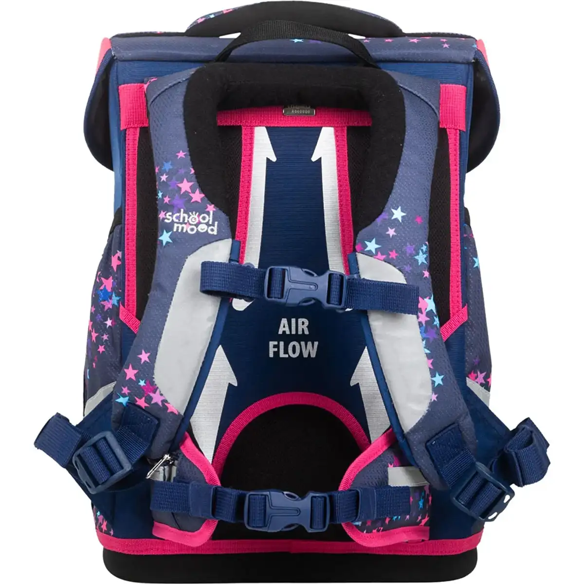 Das School-Mood Champion Schulranzen-Set 7-teilig "Leni" zeichnet sich durch blaue und rosa Farben, Sternenmuster, verstellbare Träger und Air-Flow-Design aus - ideal für die Grundschule.