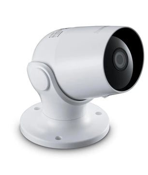 Die Hama WLAN-Außenkamera Full HD ist eine weiße, zylindrische IP65-Überwachungskamera auf einem runden Sockel, ideal für die zuverlässige Außenüberwachung.