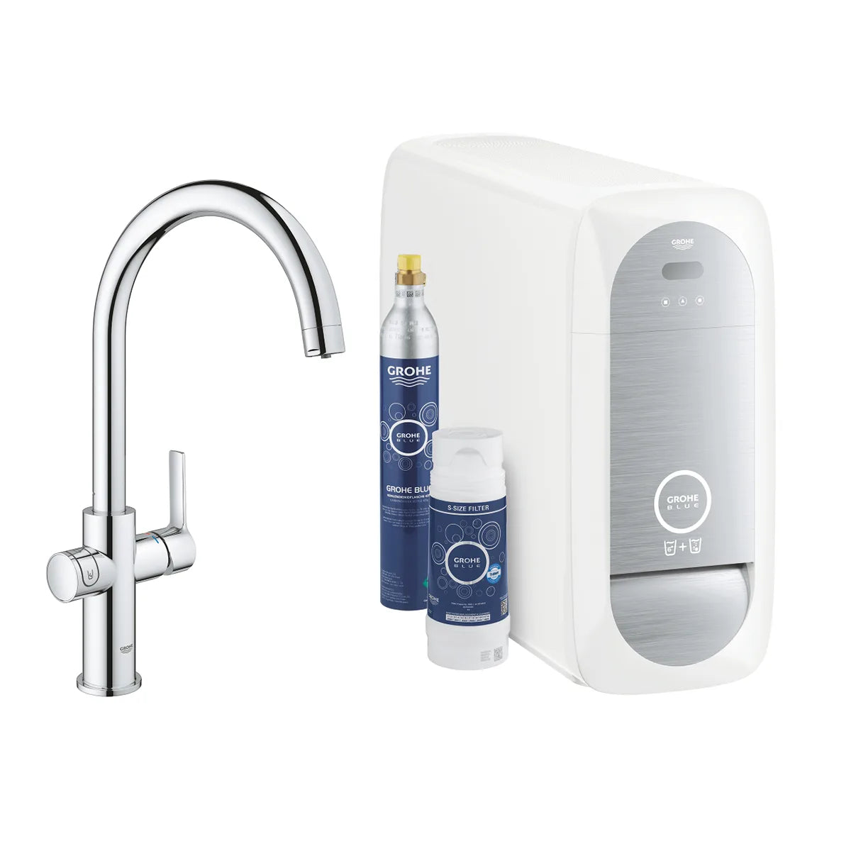 Die GROHE Blue Home Küchenarmatur - weiß von Grohe bietet gefiltertes Trinkwasser und wird inklusive CO2-Flasche und Reinigungskartusche geliefert.