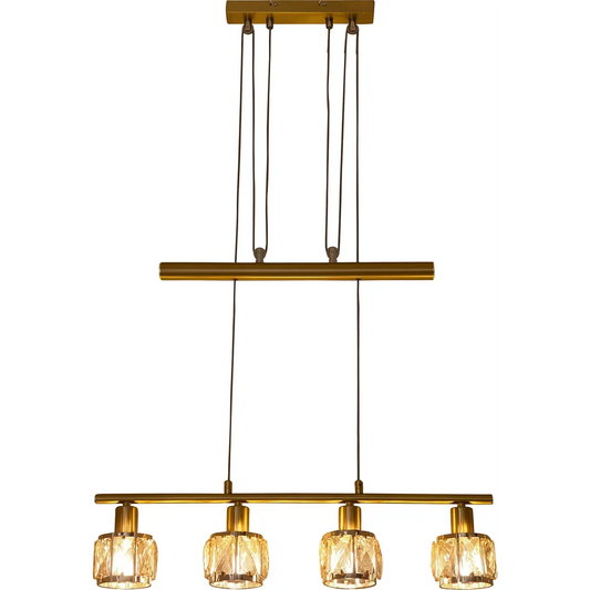 Die Näve JOSEFA Pendelleuchte in Gold von Näve überzeugt mit Retro-Design und vier eleganten, höhenverstellbaren Glasschirmen.