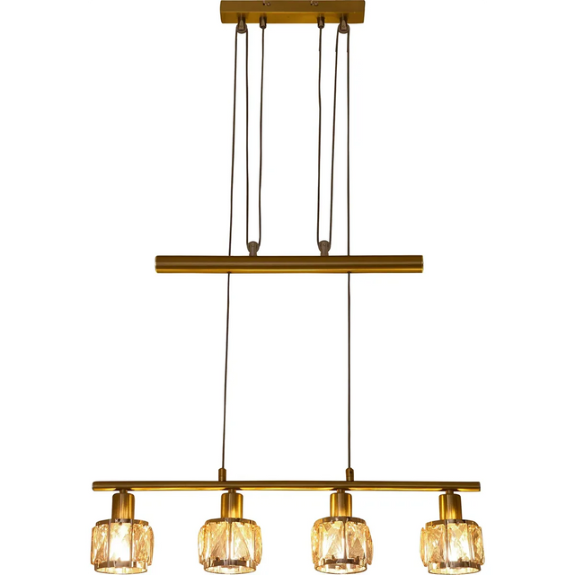 Die Näve JOSEFA Pendelleuchte in Gold von Näve überzeugt mit Retro-Design und vier eleganten, höhenverstellbaren Glasschirmen.