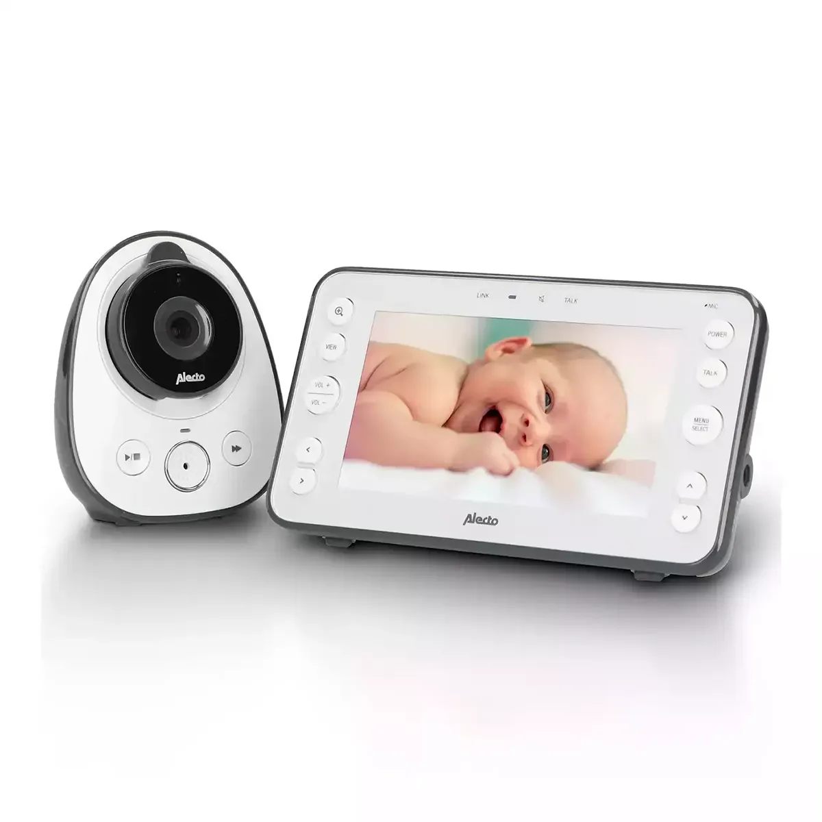Das Alecto DVM-150 Babyphone von Alecto zeigt auf dem Display einen liegenden Säugling mit Nachtsichtfunktion; über 2-Wege-Kommunikation können Eltern ihr Baby beruhigen.