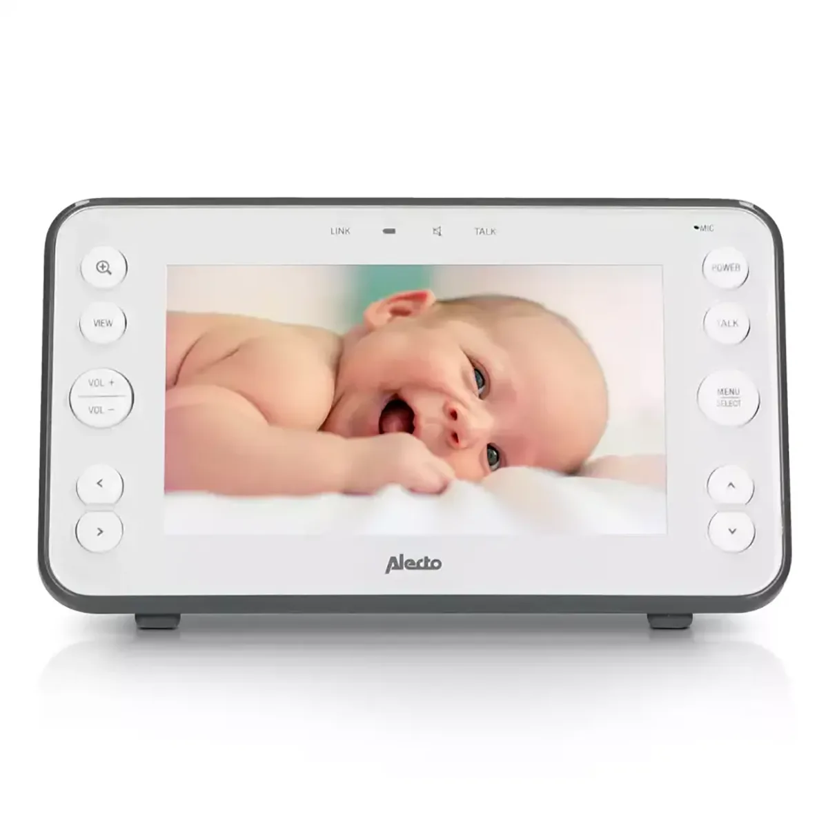 Das Alecto DVM-150 Babyphone von Alecto in Weiß mit Nachtsicht zeigt einen lächelnden Säugling, der auf einer weißen Fläche liegt.