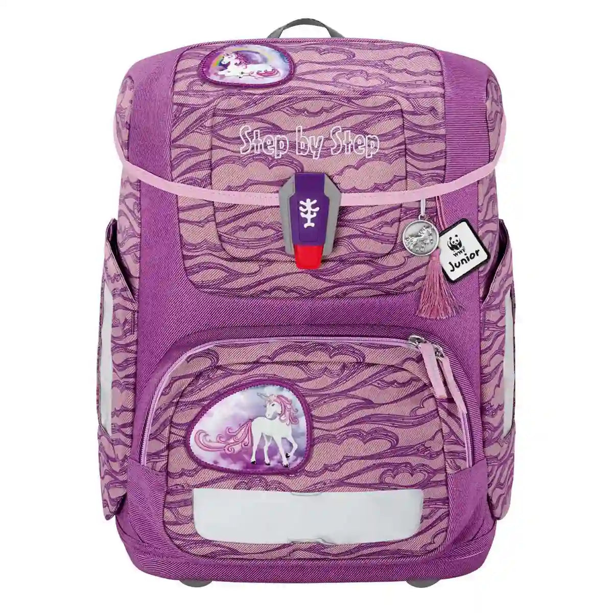 Das Step by Step Circle Schulranzen-Set "Lovely Unicorn Nuala" (5-teilig) ist ein lilafarbener Kinderrucksack mit rosa Akzenten und Einhornmotiven, der Komfort und Stil für Schulabenteuer vereint.