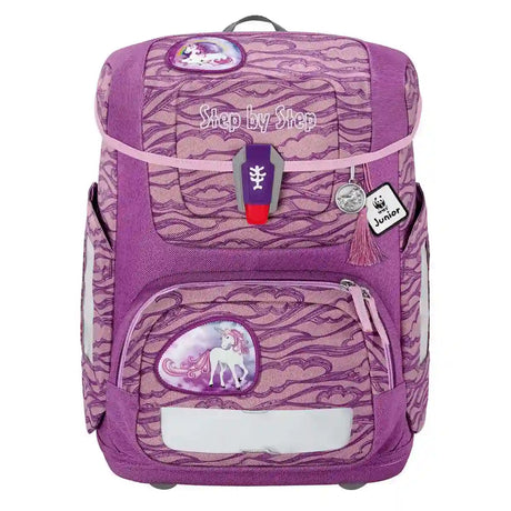 Das Step by Step Circle Schulranzen-Set "Lovely Unicorn Nuala" (5-teilig) ist ein lilafarbener Kinderrucksack mit rosa Akzenten und Einhornmotiven, der Komfort und Stil für Schulabenteuer vereint.