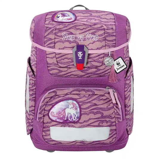Das Step by Step Circle Schulranzen-Set "Lovely Unicorn Nuala" (5-teilig) ist ein lilafarbener Kinderrucksack mit rosa Akzenten und Einhornmotiven, der Komfort und Stil für Schulabenteuer vereint.