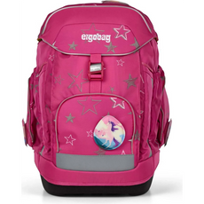 Das ergobag Ergobag Maxi Schulrucksack-Set 6tlg SternzauBär hat ein knallpinkes ergonomisches Design, silberne Sterne und ein Einhorn-Abzeichen auf der Vordertasche - perfekt für jedes Schulset.