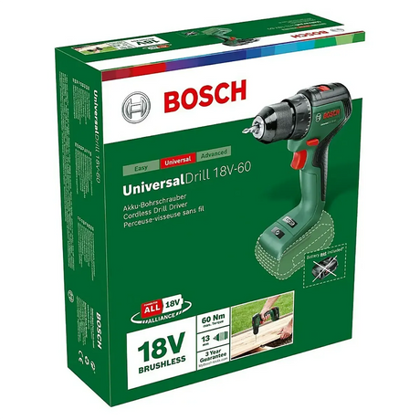 Der Bosch 18 V Akku-Bohrschrauber UniversalDrill 18V-60 Solo von Bosch wird in einer Verpackung mit mehrsprachigen Angaben geliefert - ideal für sicheres Bohren in Verbindung mit dem Bosch UniversalDetect digitales Ortungsgerät.