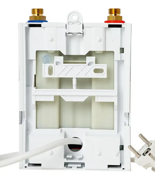 Der Bosch Home Tronic Comfort 3,6 kW Durchlauferhitzer in weiß verfügt über zwei obere Wassereinlässe und ein unteres Netzkabel mit Stecker und sorgt für eine effiziente Warmwasserversorgung in Ihrem Haushalt.