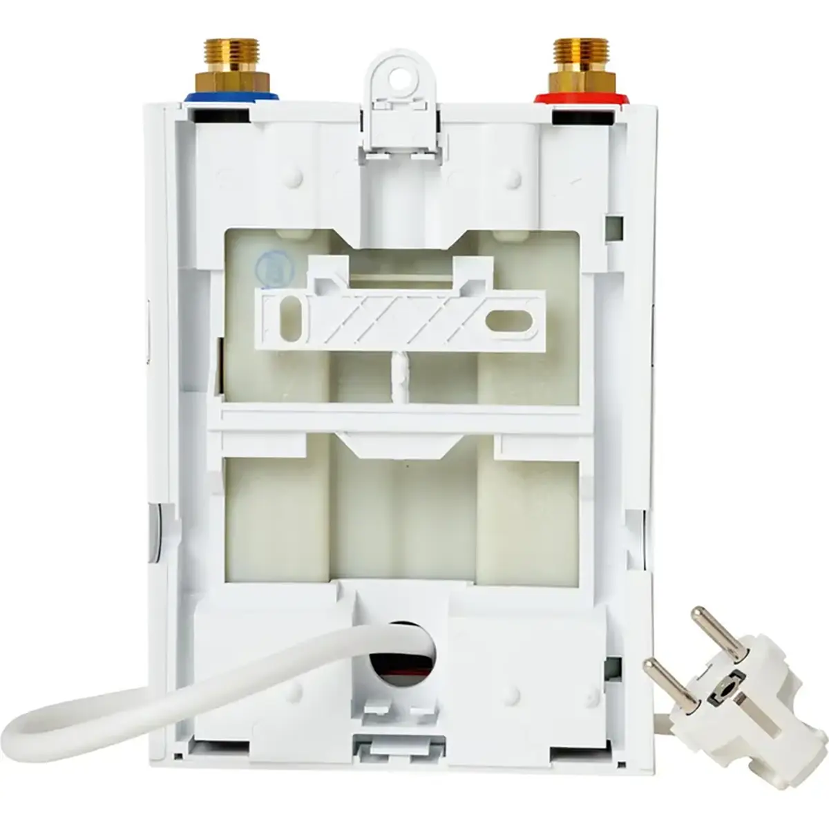 Der Bosch Home Tronic Comfort 3,6 kW Durchlauferhitzer in weiß verfügt über zwei obere Wassereinlässe und ein unteres Netzkabel mit Stecker und sorgt für eine effiziente Warmwasserversorgung in Ihrem Haushalt.