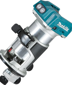 Makita DRT50Z Oberfräse – blau (von Makita) mit türkisblauer Oberseite, silbernem Gehäuse und schwarzen Einstellknöpfen, schräg abgebildet; kompatibel mit 18-V-Akkus für vielseitige Einsatzmöglichkeiten.