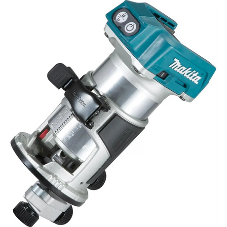 Makita DRT50Z Oberfräse – blau (von Makita) mit türkisblauer Oberseite, silbernem Gehäuse und schwarzen Einstellknöpfen, schräg abgebildet; kompatibel mit 18-V-Akkus für vielseitige Einsatzmöglichkeiten.