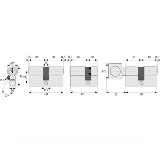 Technische Zeichnung des ABUS Profilzylinders XP2S XP20S Türzylinder Schloss mit detaillierten Abmessungen und Front-, Seiten- und Draufsicht.