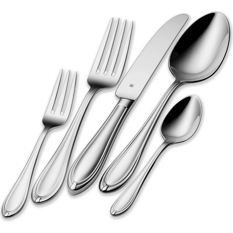 Das WMF Verona Besteck-Set, 60-teilig, von WMF besteht aus einem eleganten Cromargan Edelstahl-Besteck mit Gabeln, einem Messer und Löffeln, die übersichtlich nebeneinander angeordnet sind.