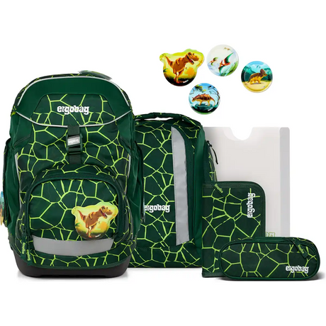 Das ergobag Pack Set (2025) BärRex von ergobag ist aus recyceltem PET gefertigt und verfügt über ein gelbes Dinosaurier-Design, passende Taschen, Mappen, runde Dino-Knöpfe und ein ergonomisches Tragesystem für besonderen Komfort.