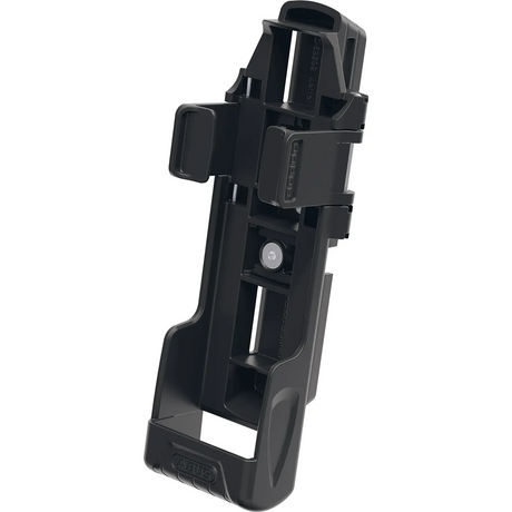 Schwarze Kunststoffhalterung für Fahrradschlösser mit verstellbaren Clips und ABUS-Branding, zur sicheren Befestigung Ihres ABUS BORDO 6000K/90 schwarz, abgebildet auf weißem Hintergrund.