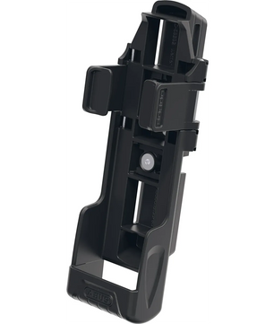 Schwarzer Kunststoff-Fahrradschlosshalter mit verstellbaren Armen und offenem Rahmendesign, kompatibel mit ABUS Faltschloss Bordo 6000C/90. Abgebildet aus einem Winkel. Marke: ABUS.