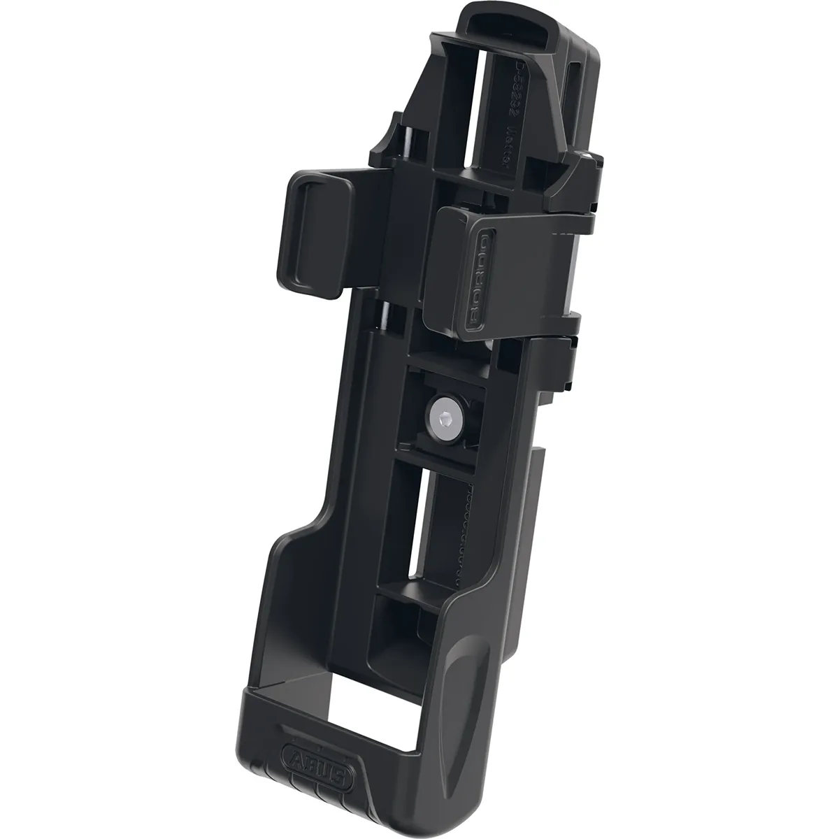 Schwarzer Kunststoff-Fahrradschlosshalter mit verstellbaren Armen und offenem Rahmendesign, kompatibel mit ABUS Faltschloss Bordo 6000C/90. Abgebildet aus einem Winkel. Marke: ABUS.