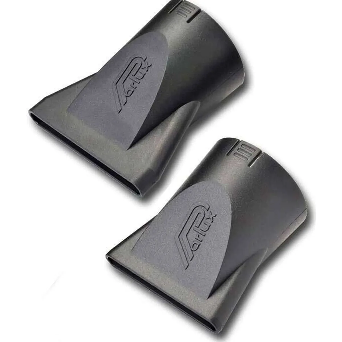 Zwei schwarze Konzentratordüsen mit dem Parlux-Logo für den Parlux Alyon Ionic Haartrockner Schwarz, mit Air Ionizer Tech, sind nebeneinander auf weißem Hintergrund abgebildet.
