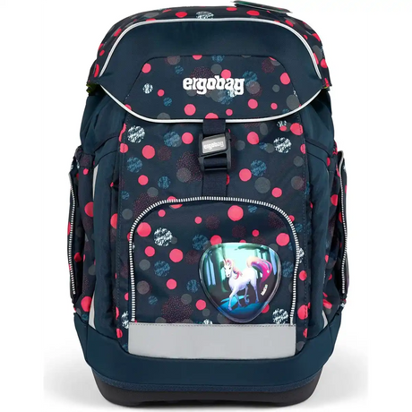 Das ergobag Maxi Set (2024) PhantBärsiewelt von ergobag ist ein marineblauer Schulrucksack mit bunten Punkten und einem Einhorn auf der Fronttasche - ideal als ergonomischer Schulranzen für große Kinder.