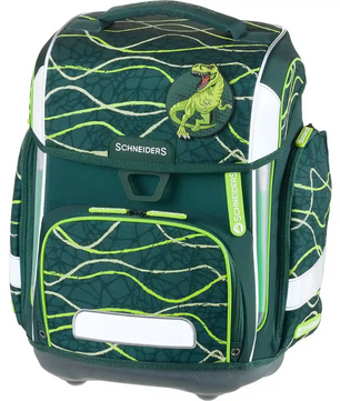 Der Schneiders Ergolite Jurassic ist ein ergonomischer, grüner und schwarzer Schulranzen mit weißen Linien und Dinosaurier-Motiv auf der Fronttasche - als praktisches 9-teiliges Set von Schneiders.