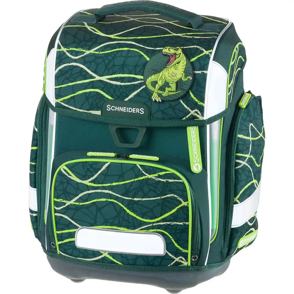 Der Schneiders Ergolite Jurassic ist ein ergonomischer, grüner und schwarzer Schulranzen mit weißen Linien und Dinosaurier-Motiv auf der Fronttasche - als praktisches 9-teiliges Set von Schneiders.