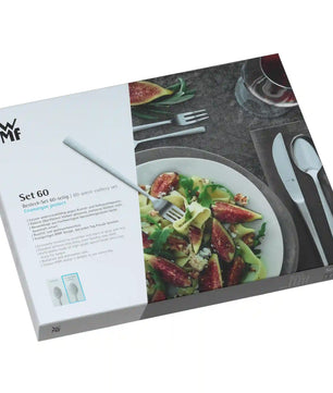 Das WMF Palermo Besteck-Set, 60-teilig von WMF kommt in einer Verpackung daher, die neben einem Salat mit Feigen auf der Vorderseite ein elegantes Cromargan Edelstahl-Besteck zeigt.