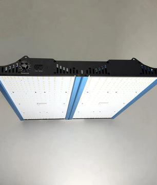 Draufsicht auf die CASSY LED Pflanzenlampe - blau, ein rechteckiges Growlampen-Panel von CASSY LED mit Bedienknopf, belüftetem Gehäuse und dimmbaren Lichteinstellungen für eine individuell anpassbare Pflanzenbeleuchtung.