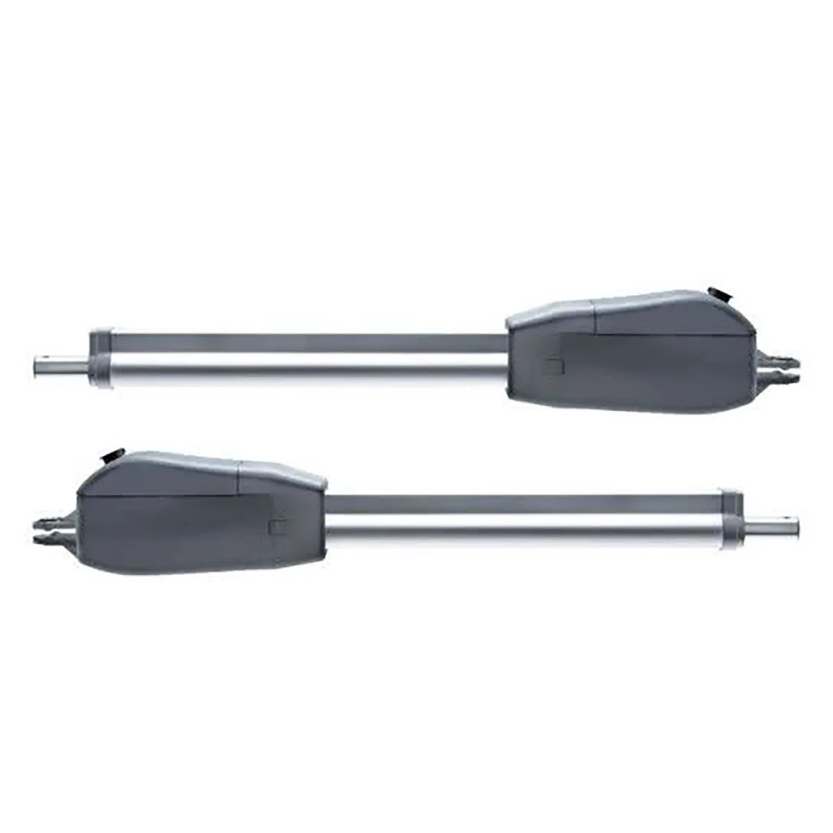 Zwei anthrazitfarbene SOMMER Drehtorantriebe twist 350 (2-flügeliges Set) mit langen Metallarmen sind waagerecht auf weißem Grund angeordnet, ideal für Doppelflügeltore.