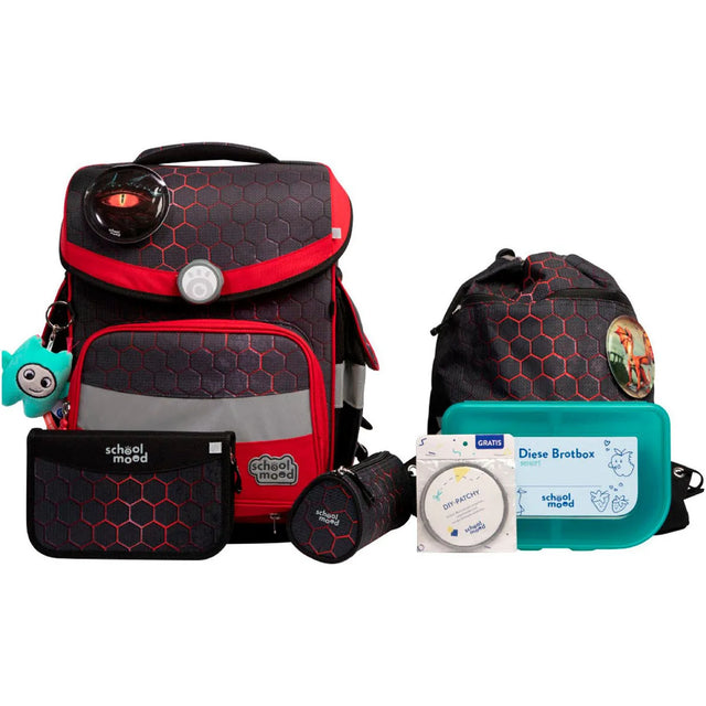 Das 7-teilige School-Mood Timeless Schulranzen-Set "Mika" enthält ergonomischen Rucksack, Lunchbox, Federmäppchen, Wasserflasche und Turnbeutel - alles im coolen Drachenmotiv von School-Mood.