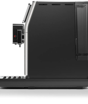 Seitenansicht des WMF Perfection 640 Kaffeevollautomaten – silber von WMF, einer modernen silberfarbenen Kaffeemaschine mit Bedientasten, einem transparenten Wassertank und der Möglichkeit, cremigen Milchschaum zuzubereiten.