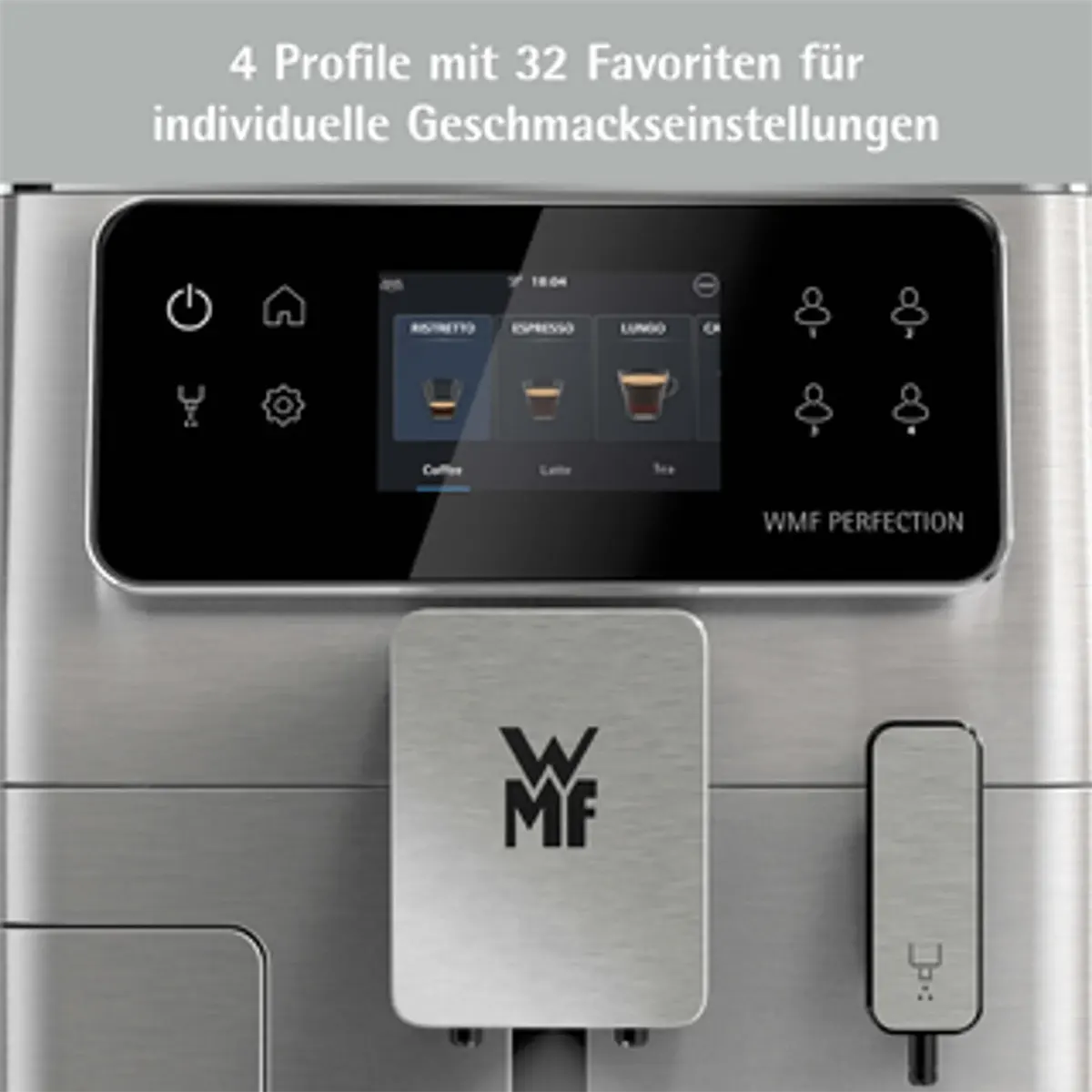 Nahaufnahme des WMF Perfection 640 Kaffeevollautomaten – silbernes Display mit Getränkeoptionen wie Milchschaum-Spezialitäten, darüber ein deutscher Text zu individuell anpassbaren Profilen. Marke: WMF.