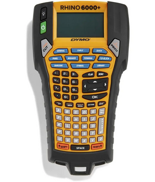 Das DYMO Rhino 6000+ Beschriftungsgerät - Orange von DYMO ist ideal für Kabelbeschriftung und professionelle Anwendungen, mit orangefarbenen Tasten und kompaktem Display.