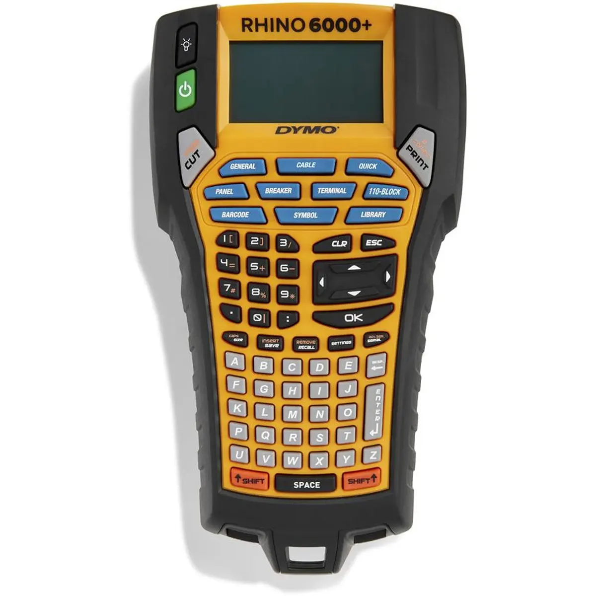 Das DYMO Rhino 6000+ Beschriftungsgerät - Orange von DYMO ist ideal für Kabelbeschriftung und professionelle Anwendungen, mit orangefarbenen Tasten und kompaktem Display.