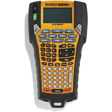Das DYMO Rhino 6000+ Beschriftungsgerät - Orange von DYMO ist ideal für Kabelbeschriftung und professionelle Anwendungen, mit orangefarbenen Tasten und kompaktem Display.