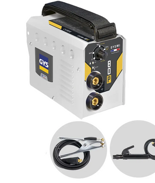 Das GYS GYSMI 80P Elektrodenschweißgerät in grau ist ein tragbares MMA-Inverter-Schweißgerät mit einem angebrachten Handgriff und zwei separaten Kabeln, die unter dem Hauptgerät angebracht sind.