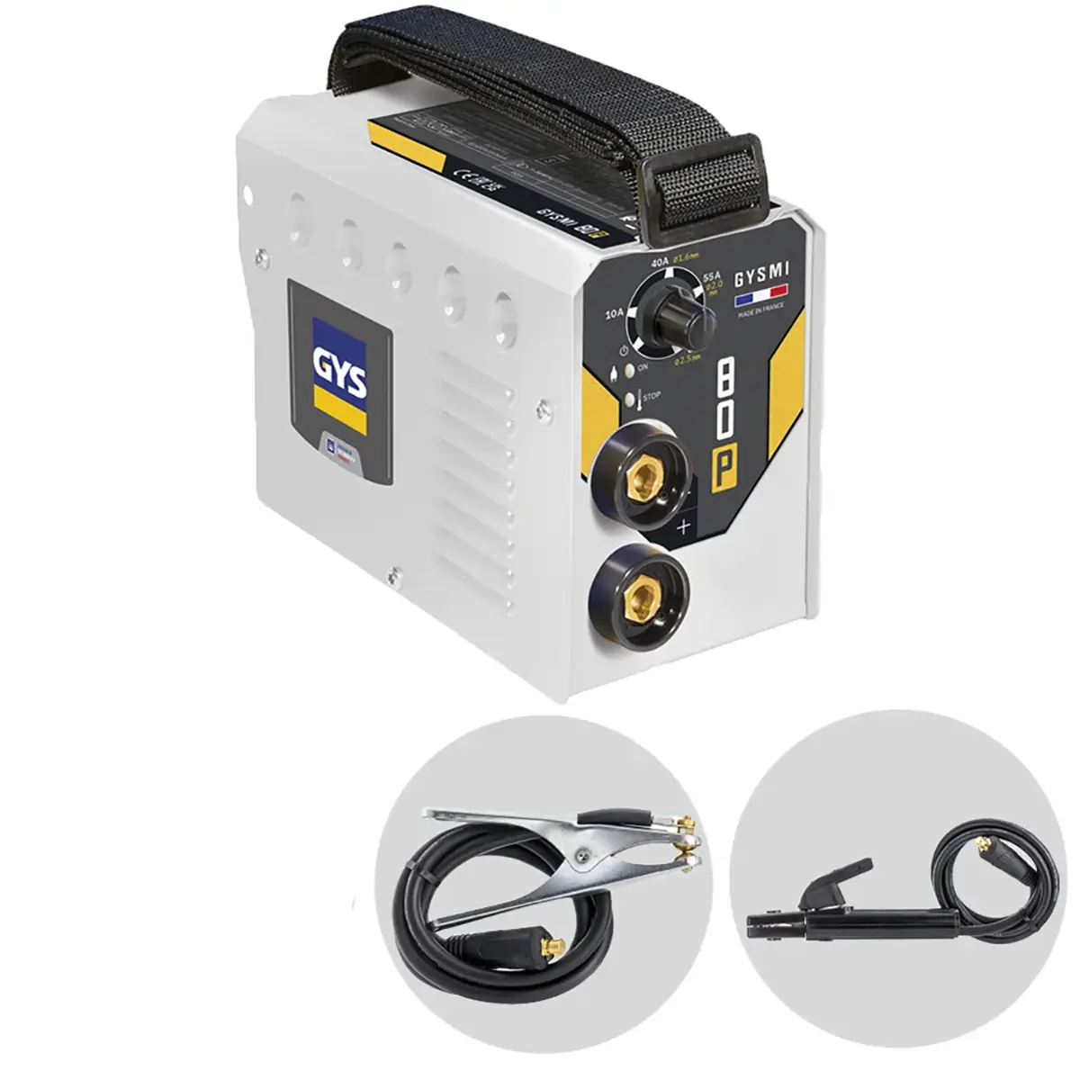 Das GYS GYSMI 80P Elektrodenschweißgerät in grau ist ein tragbares MMA-Inverter-Schweißgerät mit einem angebrachten Handgriff und zwei separaten Kabeln, die unter dem Hauptgerät angebracht sind.