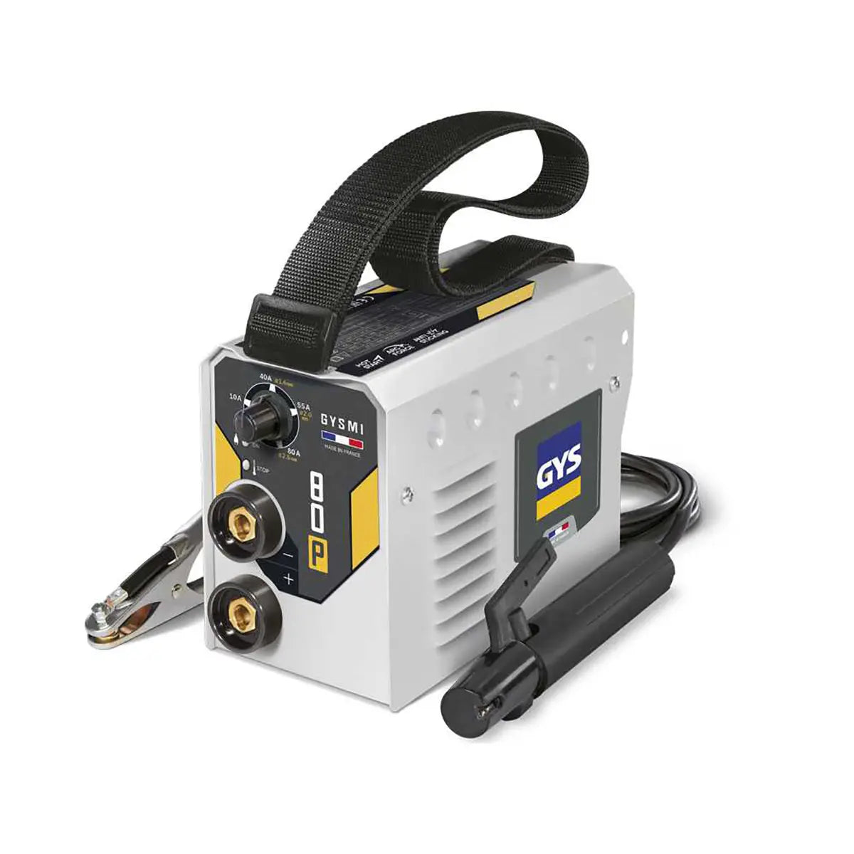 Das Gys GYSMI 80P Elektrodenschweißgerät von GYS, in grau, verfügt über einen Griff, Kabel und einfache Bedienelemente - perfekt als mobiles Schweißgerät für den flexiblen Einsatz. Abgebildet auf einem weißen Hintergrund.