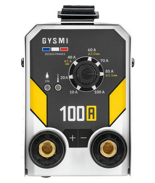 Vorderansicht des GYS GSY GYSMI100A E-Hand-Schweißgeräts (weiß), auf der die Leistungs- und Stromstärkeeinstellungen deutlich zu erkennen sind.
