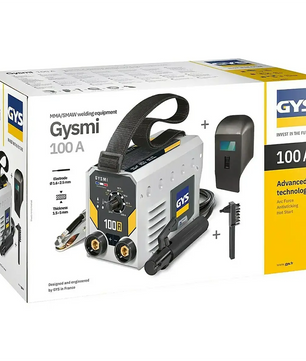 Verpackung des GYS GYSMI100A E-Hand-Schweißgeräts – weiß, inklusive Schweißgerät, Schweißermaske, Bürste und Klemmen von GYS.