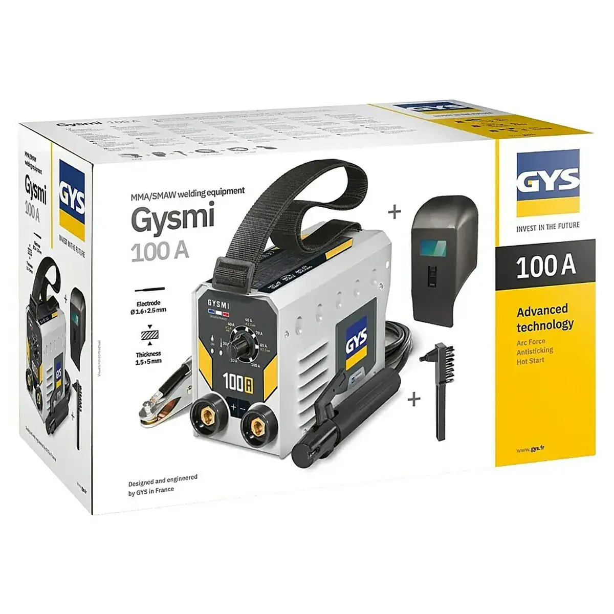 Verpackung des GYS GYSMI100A E-Hand-Schweißgeräts – weiß, inklusive Schweißgerät, Schweißermaske, Bürste und Klemmen von GYS.