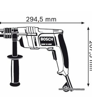 Schwarz-Weiß-Abbildung der Bosch Professional GBM 13 HRE Bohrmaschine – blau von Bosch mit den Abmessungen 294,5 mm in der Länge und 207,5 mm in der Höhe. Diese robuste Ein-Gang-Bohrmaschine wurde für Präzision und Zuverlässigkeit bei anspruchsvollen Anwendungen entwickelt.