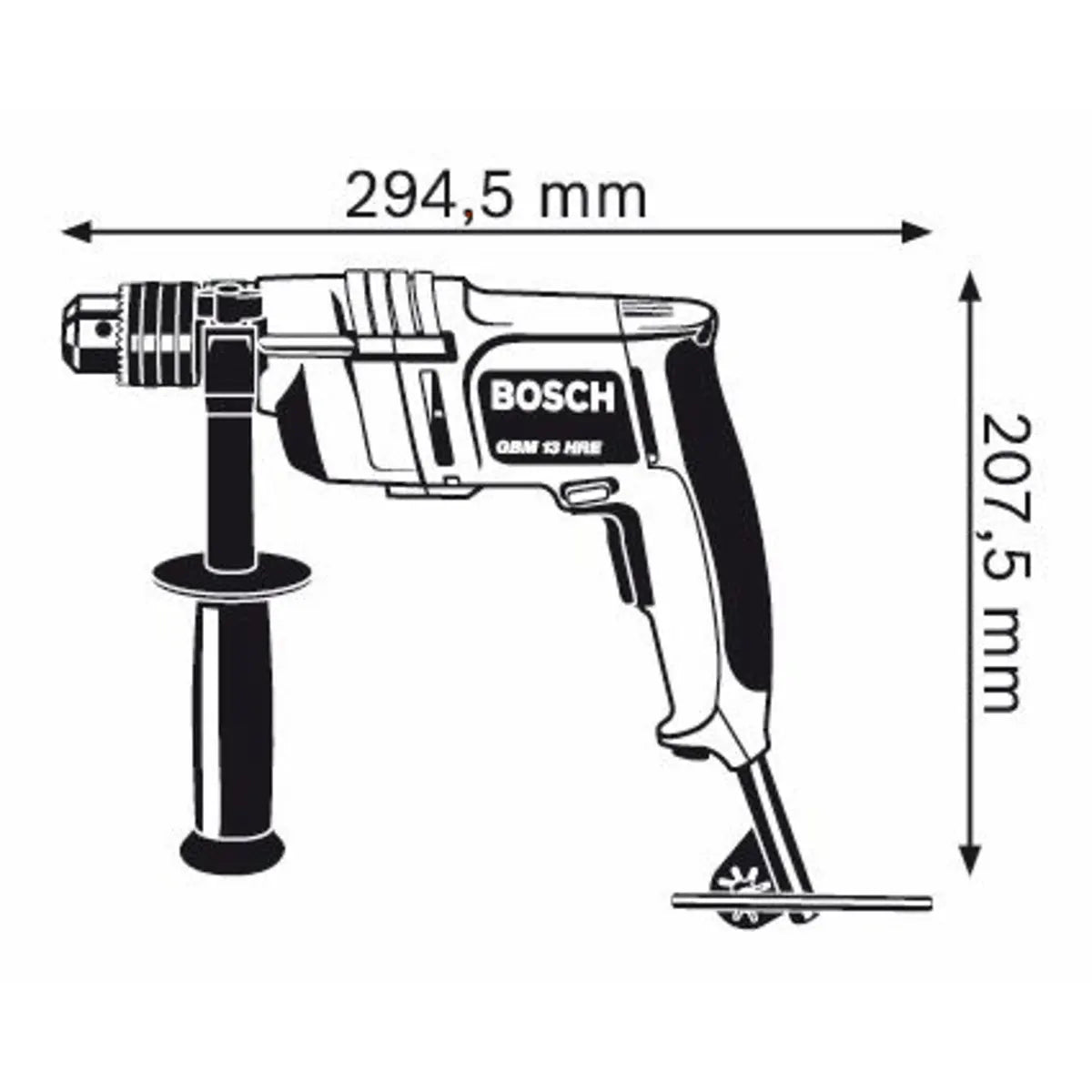 Schwarz-Weiß-Abbildung der Bosch Professional GBM 13 HRE Bohrmaschine – blau von Bosch mit den Abmessungen 294,5 mm in der Länge und 207,5 mm in der Höhe. Diese robuste Ein-Gang-Bohrmaschine wurde für Präzision und Zuverlässigkeit bei anspruchsvollen Anwendungen entwickelt.