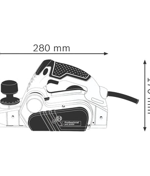 Abbildung des Bosch Professional GHO 26-82 D Elektrohobels von Bosch, ideal für Holzarbeiten, mit Abmessungen von 280 mm Breite und 170 mm Höhe.