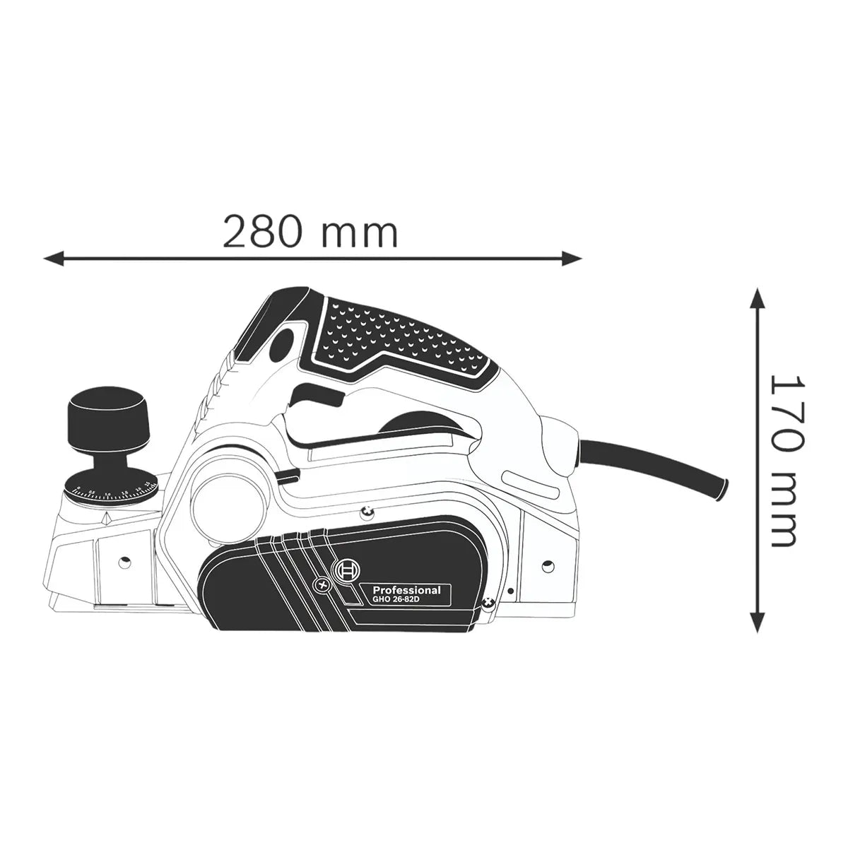 Abbildung des Bosch Professional GHO 26-82 D Elektrohobels von Bosch, ideal für Holzarbeiten, mit Abmessungen von 280 mm Breite und 170 mm Höhe.